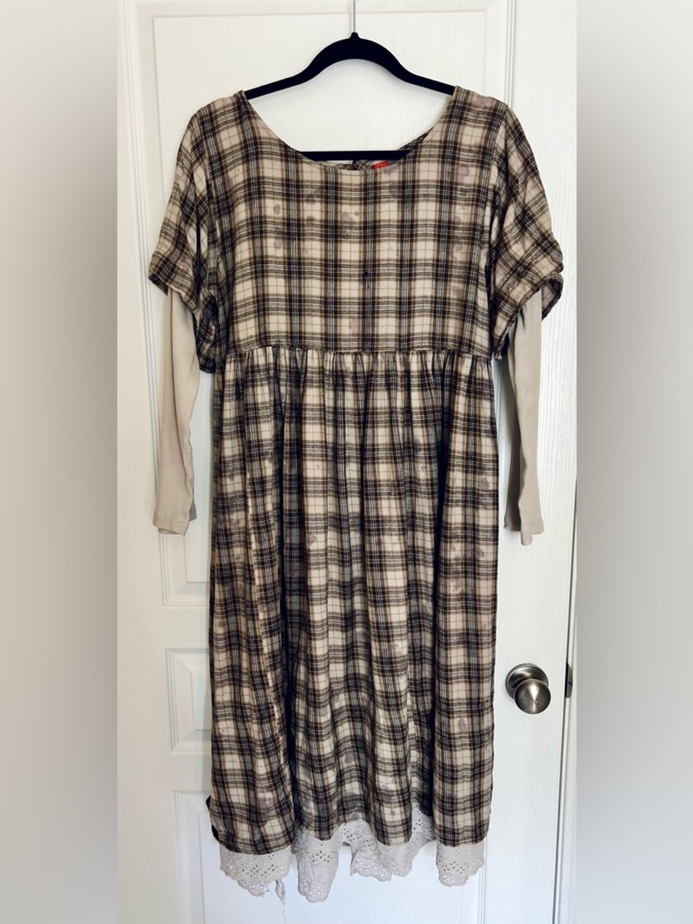 Plaid Peasant Midi Dress in Beige and Brown 90s Grunge Cottagecore Girlhoodcore